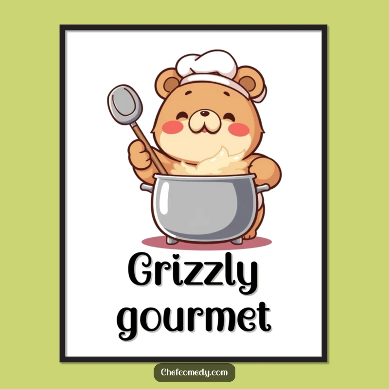 Funny Bear Chef Poster: Enthusiastic Bear Stirs Pot, Whimsical Wall Art