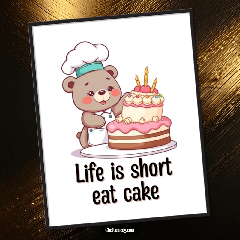 Funny bear chef character with frosting splatters, excitedly adding final touches to a towering, beautifully decorated cake on a poster.