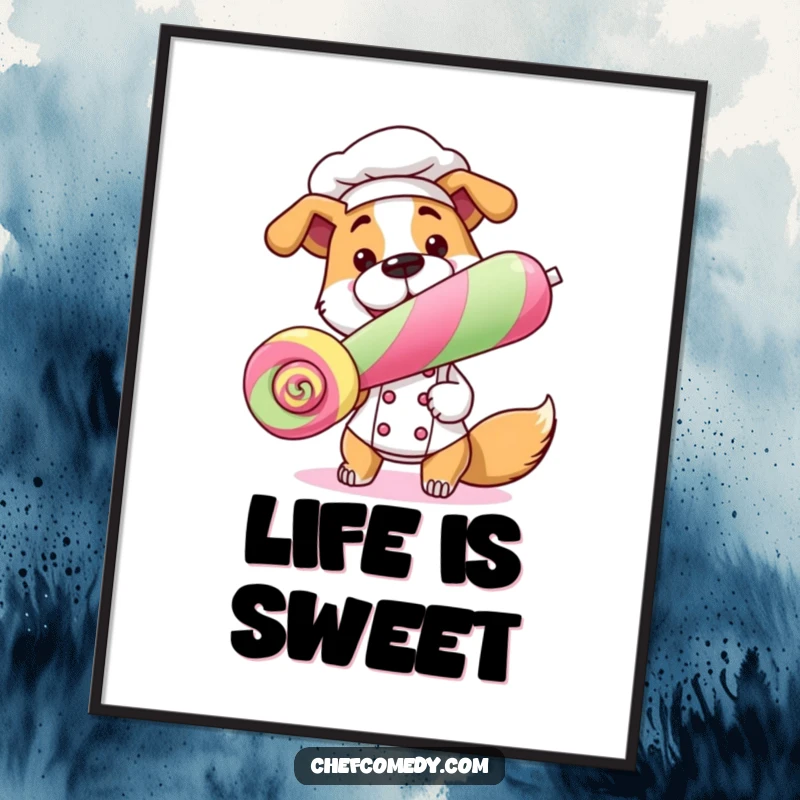 Funny Dog Chef Poster showcasing a dog chef with a giant lollipop, ideal for humorous wall art.