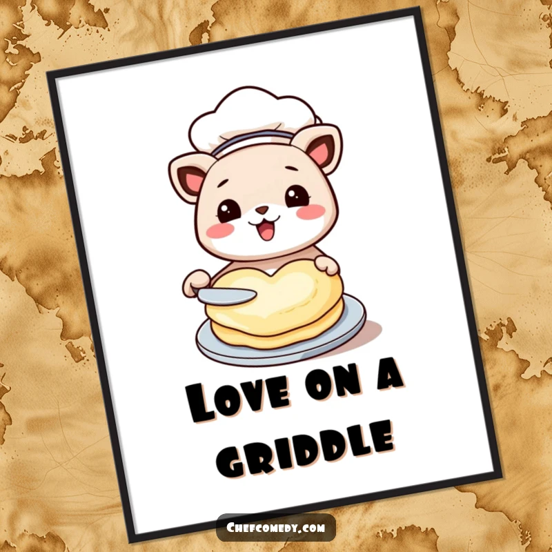 Funny kawaii animal poster, dressed as a chef, happily flipping a heart-shaped pancake, bringing charm and sweetness to any room.