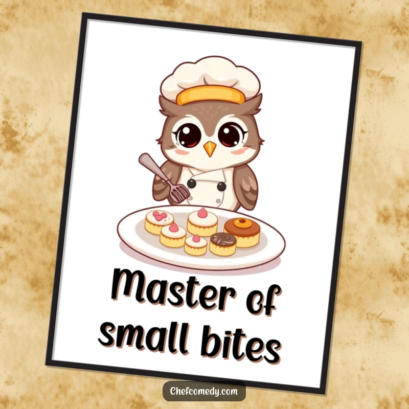 Artistic rendering of a funny owl chef with spectacles, expertly arranging tiny pastries on a poster.