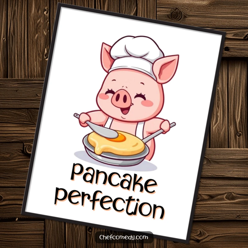 Funny Kawaii pig chef poster, artfully showing a pig chef concentrating with great glee while flipping a pancake, kitchen wall art.