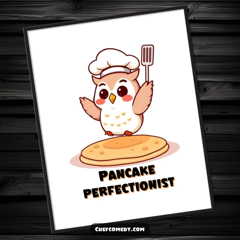Funny Chef Owl Poster: A small owl chef flips a pancake in the air. Whimsical and humorous culinary art for any wall.