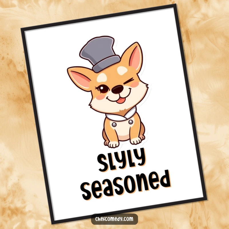 Funny Dog Chef Poster: A dog chef in a tall hat winks slyly, adding playful humor to decor.