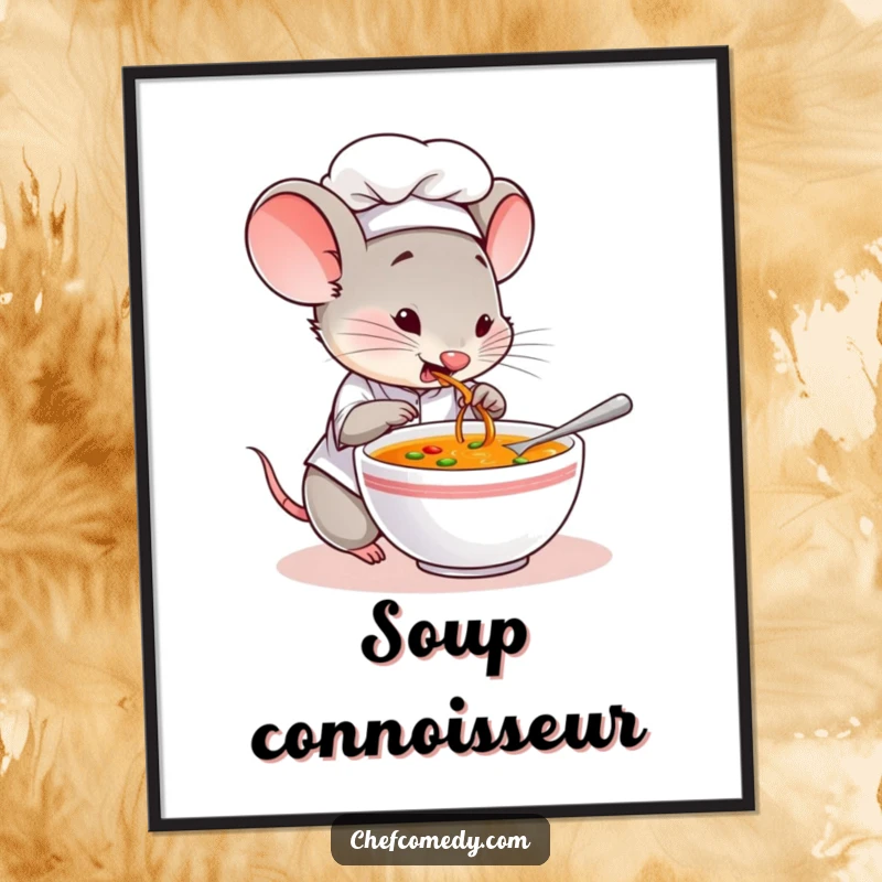 Funny poster depicting a mouse chef character curiously tasting soup, adding a whimsical and culinary touch.