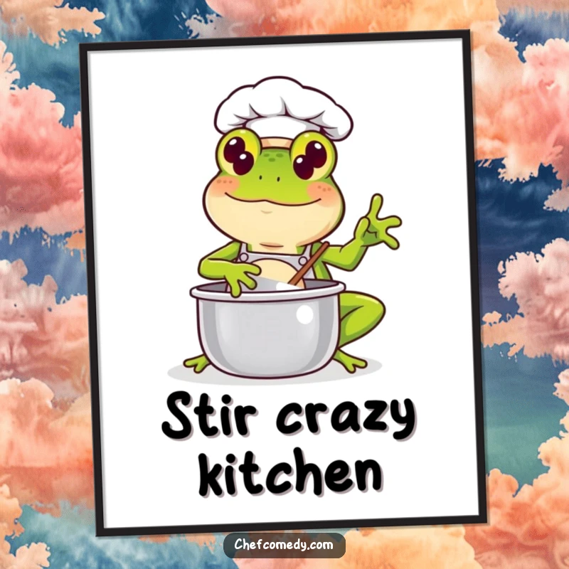 Funny Kawaii Frog Chef Poster: A happy frog chef is depicted stirring a pot, adding a cheerful and humorous touch to any wall.