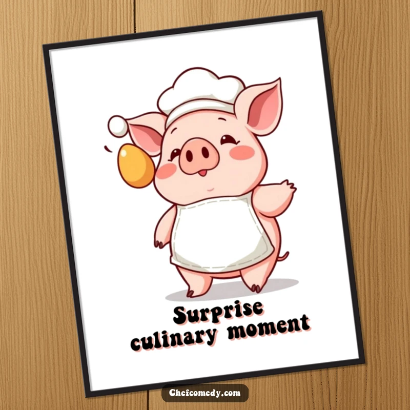 Funny Kawaii Pig Chef Poster featuring a pig in a tiny apron, wide-eyed at a flying egg, perfect for kitchen decor.