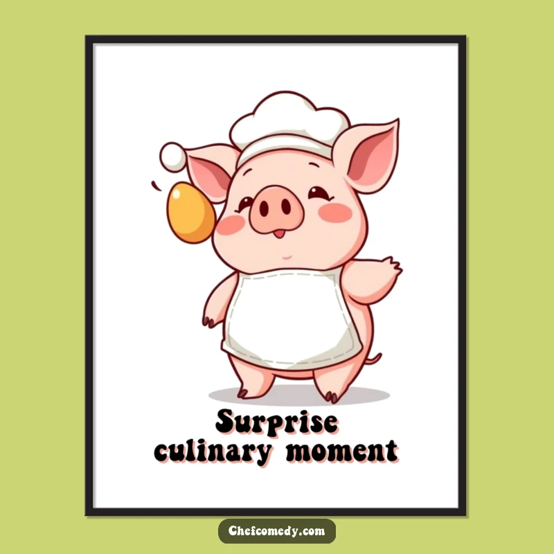Funny Pig Chef Poster: Adorable Kawaii Art of a Flying Egg Surprise
