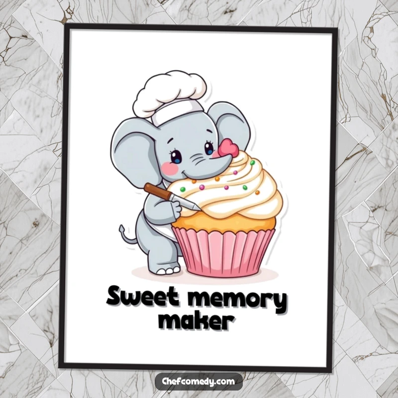 Funny poster illustrating a gentle elephant chef meticulously decorating a giant cupcake with precision and care, ideal for wall art.