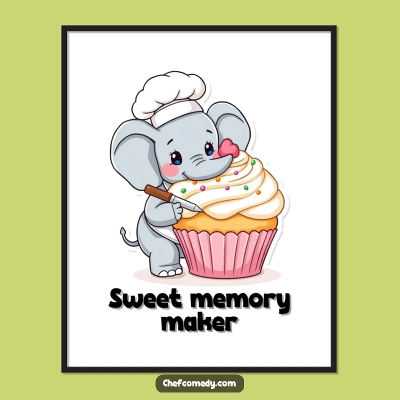 Funny Elephant Chef Cupcake Poster - Whimsical Dessert Wall Art Gift
