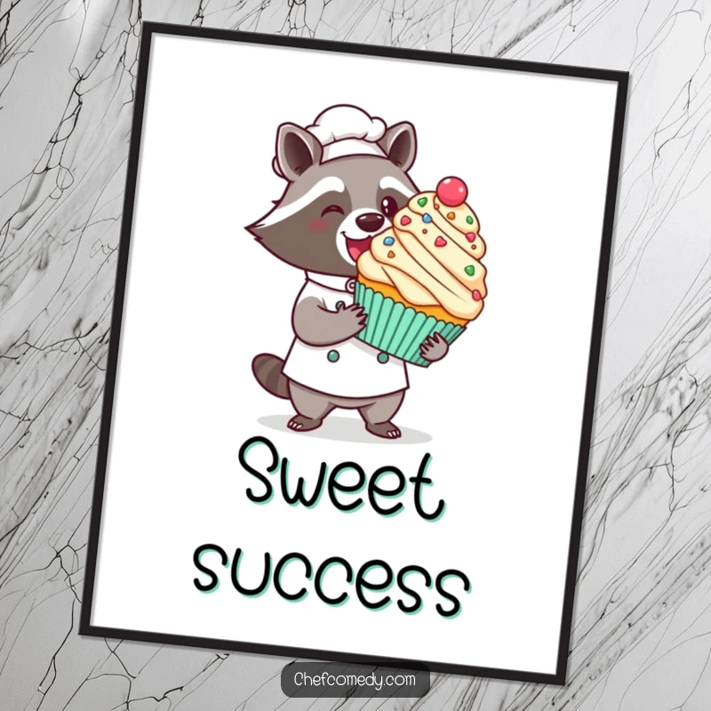 Funny kawaii raccoon chef poster, a proud raccoon presenting a giant decorated cupcake with a flourish, charming wall art.