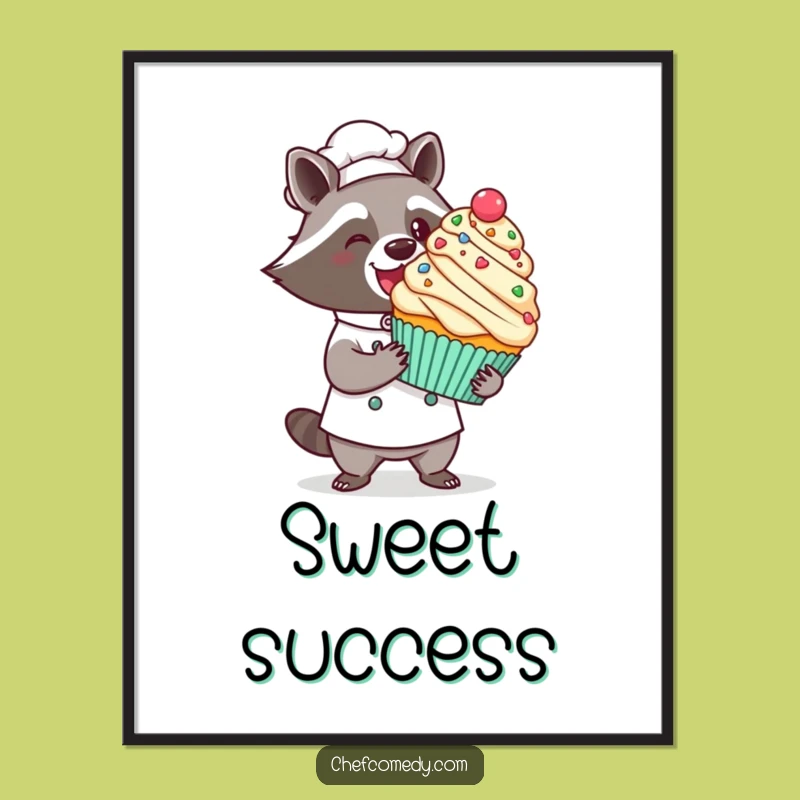 Funny Kawaii Raccoon Chef Poster: Cupcake Masterpiece, Kitchen Wall Art