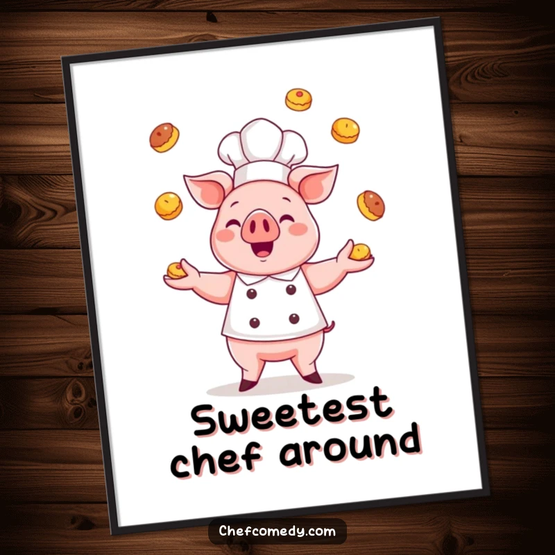 Funny kawaii pig chef poster, a cute pig chef gleefully juggling small pastries, adding a touch of whimsical baking artistry.