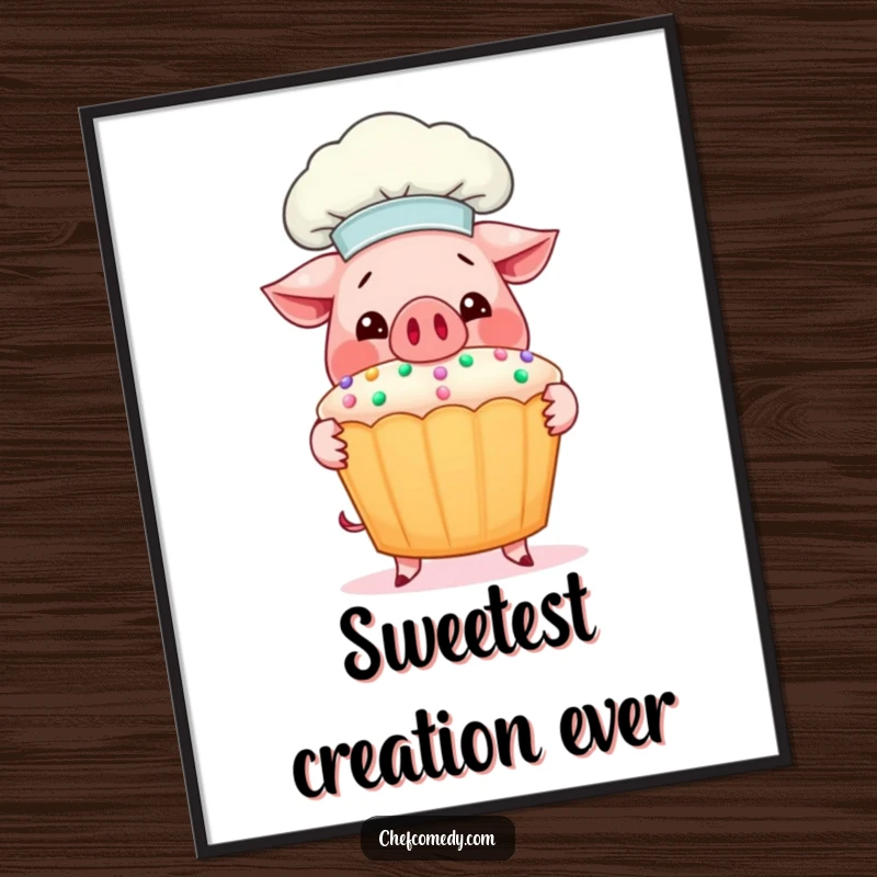 Funny Pig Chef Poster: A happy pig chef proudly presents an enormous, beautifully decorated cupcake, adding humor to decor.