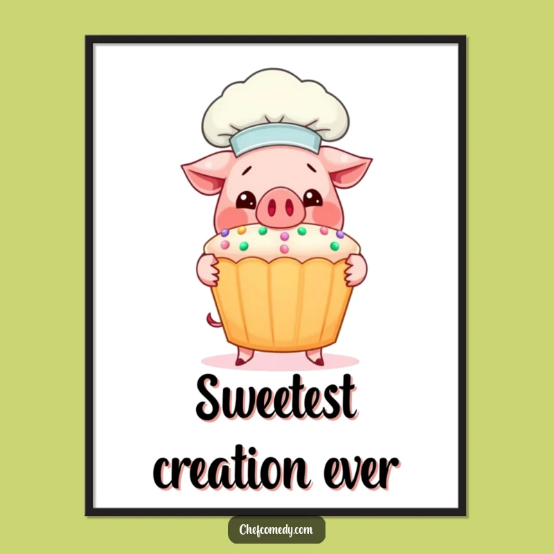 Funny Pig Chef Poster: Adorable Pig Chef Proudly Presents Giant Cupcake, Whimsical Wall Art