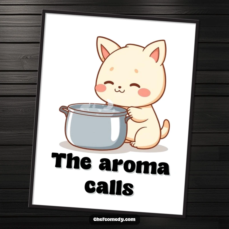 Funny Kawaii Animal Poster, curious and happy while sniffing a steaming pot, adding whimsical humor to wall decor.