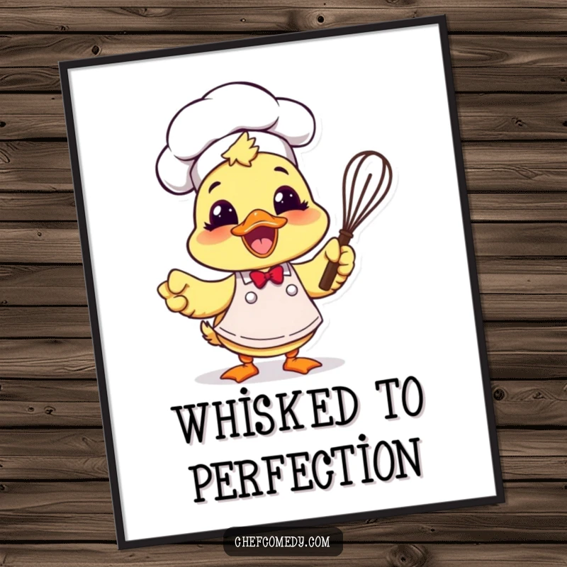Funny duck chef character wearing an apron and holding a whisk, looking excited, creating kitchen wall art.