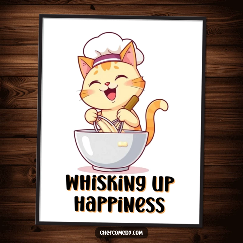 Funny poster of a happy cat chef energetically whisking batter in a large bowl, adding lively kitchen vibes to decor.
