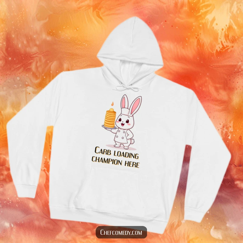 Funny Kawaii Bunny Chef Hoodie, featuring a charming bunny chef offering a delightfully tall and wobbly stack of pancakes.