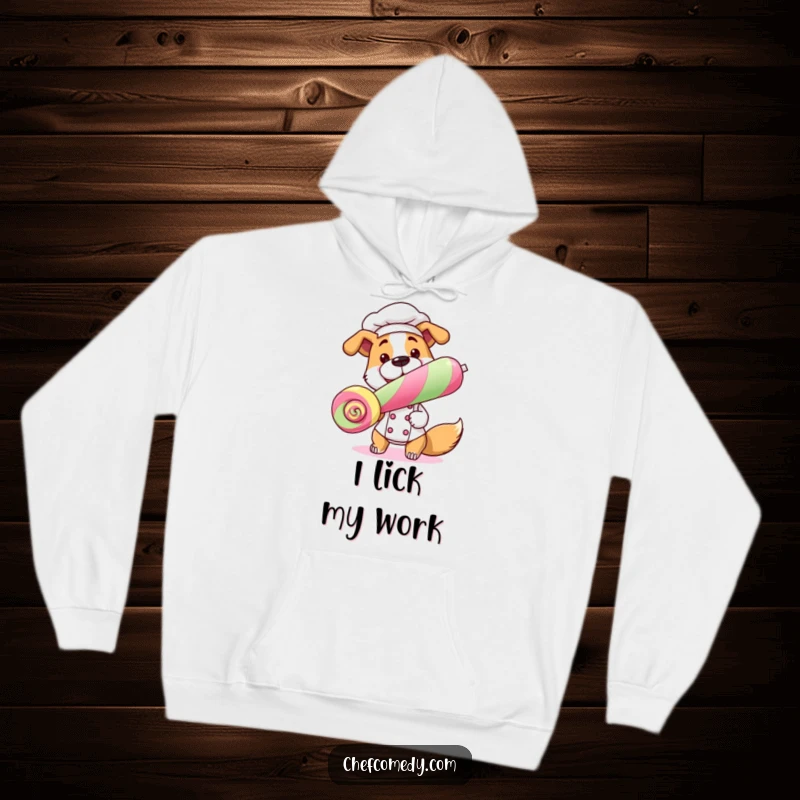 Funny Dog Chef Hoodie with a dog chef holding a lollipop, perfect for cozy and humorous wear.
