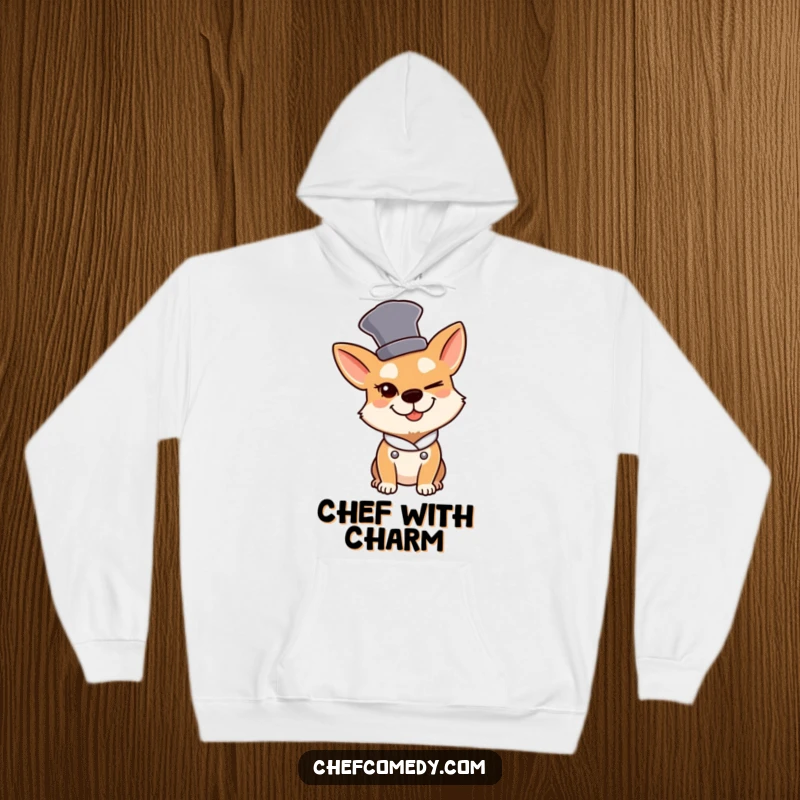 Funny Dog Chef Hoodie: A dog chef in a tall hat winks slyly, offering warmth and playful humor.