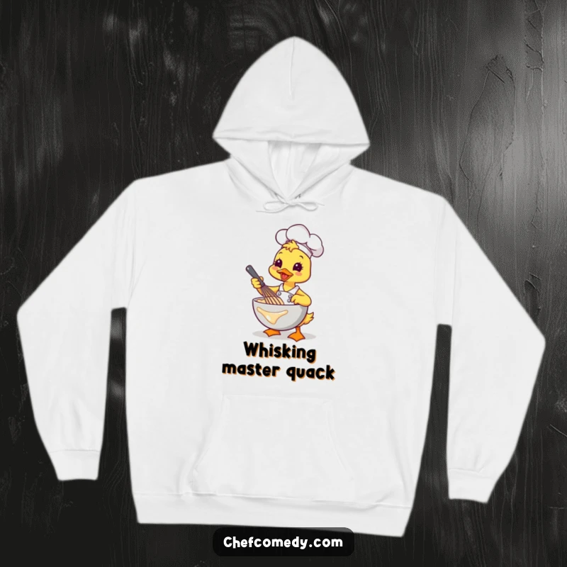 Funny Kawaii Duck Chef Hoodie, an energetic cartoon duck whisking batter with joy, a warm and humorous garment.
