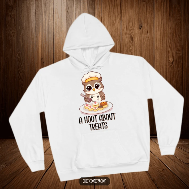 Soft hoodie with a funny owl chef meticulously arranging small pastries, symbolizing attention to detail and humor.