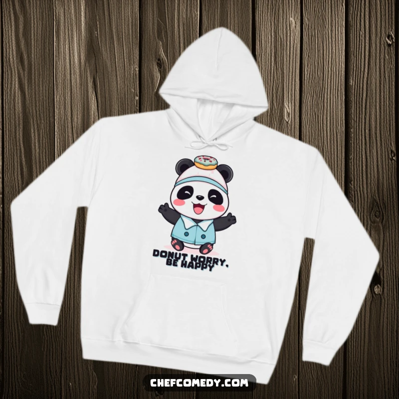 Funny panda chef balancing donuts, featured on a cozy hoodie, perfect for warmth and delightful sweetness.