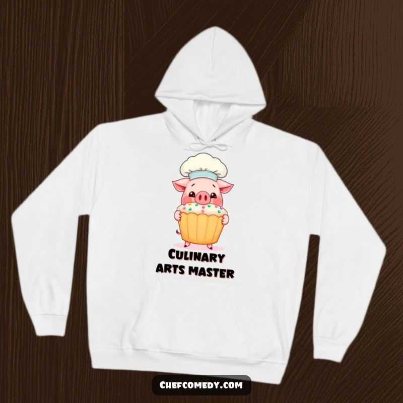 Funny Pig Chef Hoodie: A smiling pig chef proudly displays a colossal, decorated cupcake, exuding warmth and humor.