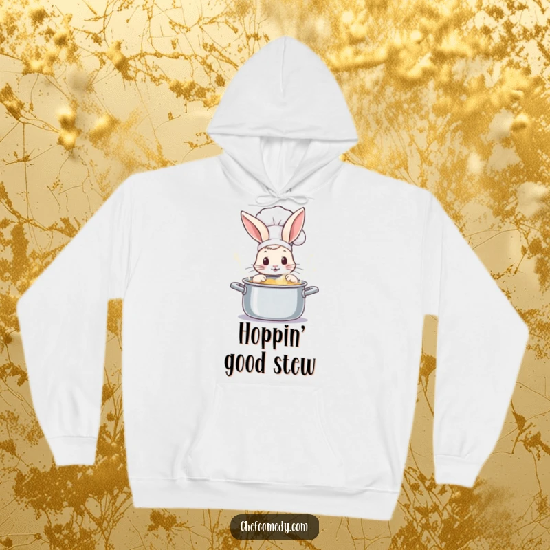 Cozy funny rabbit chef hoodie, peeking with wonder into a steaming, bubbling pot, blending warmth with culinary curiosity.
