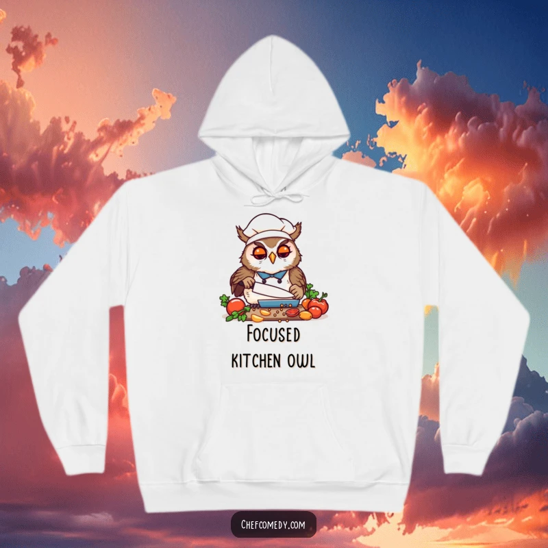 Funny Kawaii Owl Chef Hoodie, a diligent cartoon owl joyfully chopping veggies, a warm and humorous garment for chefs.