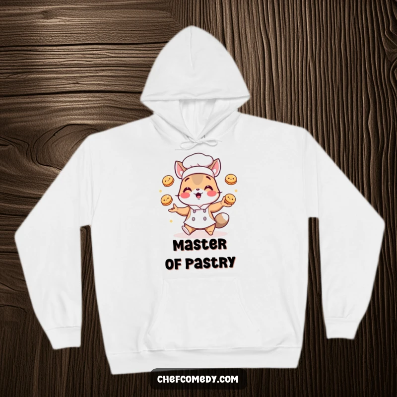 Funny hoodie: A chef animal juggles pastries with a smile, perfect for cozying up during baking adventures.