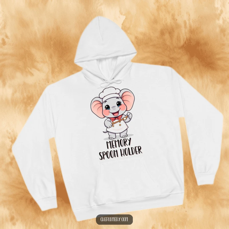 Funny Elephant Chef Hoodie: Happy elephant chef with a giant spoon, perfect for warm, humorous lounging.
