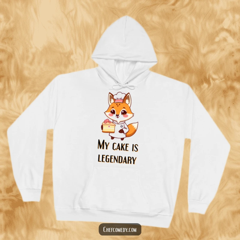Funny hoodie with a proud fox chef character presenting a slice of cake, perfect for cozy wear and a humorous statement.