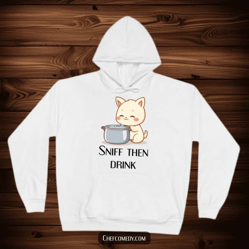 Funny Kawaii Animal Hoodie, happily sniffing a mysterious steaming pot, ideal for cozy, humorous, and culinary-themed gifting.