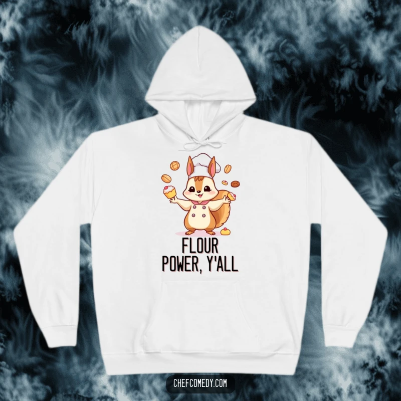 Funny Kawaii Squirrel Chef Hoodie: A delightful kawaii squirrel chef, energetically juggling sweet pastries, brings humor and warmth to this cozy apparel.