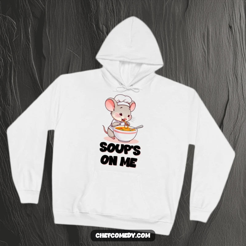 Funny hoodie featuring a mouse chef character curiously tasting soup, embodying a delightful and cozy kitchen vibe.