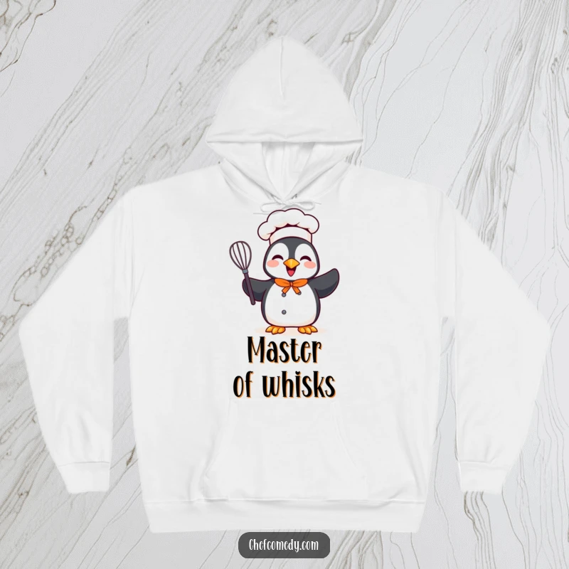 Funny hoodie featuring a cheerful penguin chef character holding a whisk, radiating warmth and kitchen happiness.