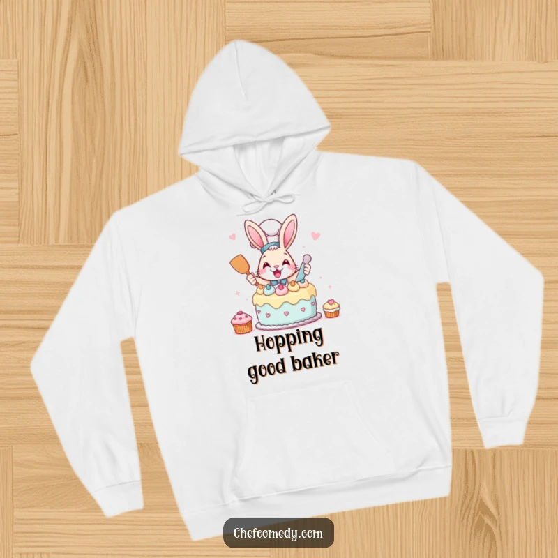 Funny Rabbit Chef Hoodie with a rabbit chef frosting a cake, perfect for cozy baking vibes.