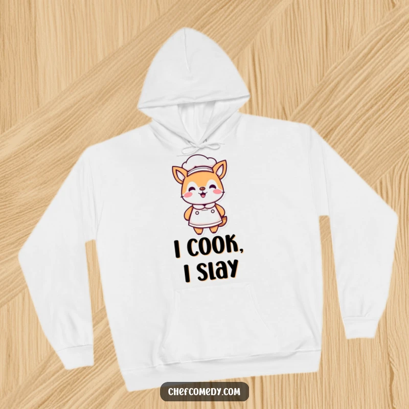 Funny Kawaii Animal Chef Hoodie, proudly sporting a chef hat and apron, ideal for cozy cooking sessions and humorous kitchen wear.