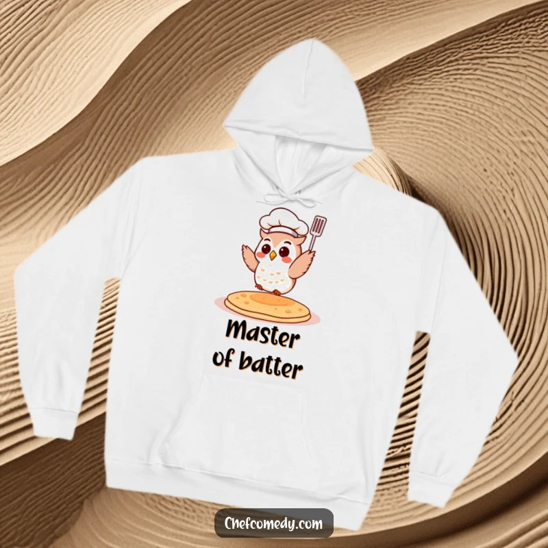 Funny Chef Owl Hoodie: A cute owl chef flips a pancake. Warm, comfortable, and full of whimsical culinary humor.