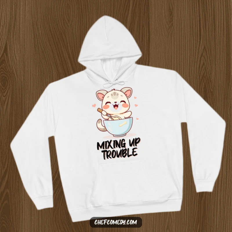 Funny kawaii animal hoodie, depicted joyfully whisking batter in a bowl, symbol of culinary creativity and comfort.