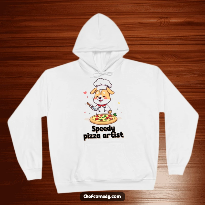Funny Kawaii Dog Chef Hoodie, featuring a happy cartoon dog chef decorating a pizza at lightning speed, a warm and humorous garment.