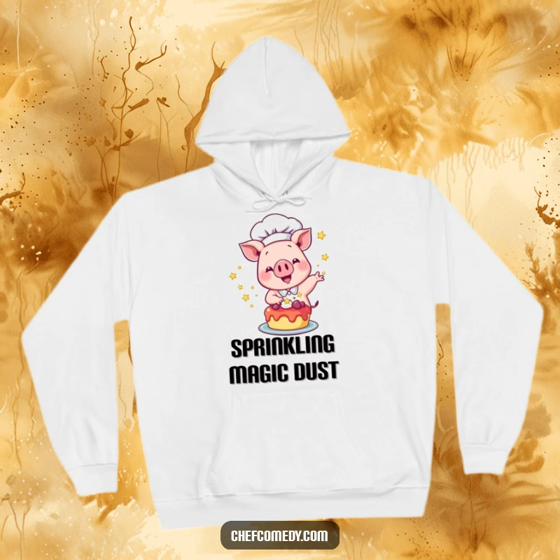 Funny Pig Chef Hoodie: A soft hoodie featuring a happy pig chef excitedly sprinkling stars onto a dessert, perfect for bakers.