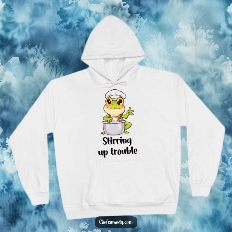 Funny Kawaii Frog Chef Hoodie: A cute frog dressed as a chef stirs a pot with a joyful expression, bringing warmth and smiles.