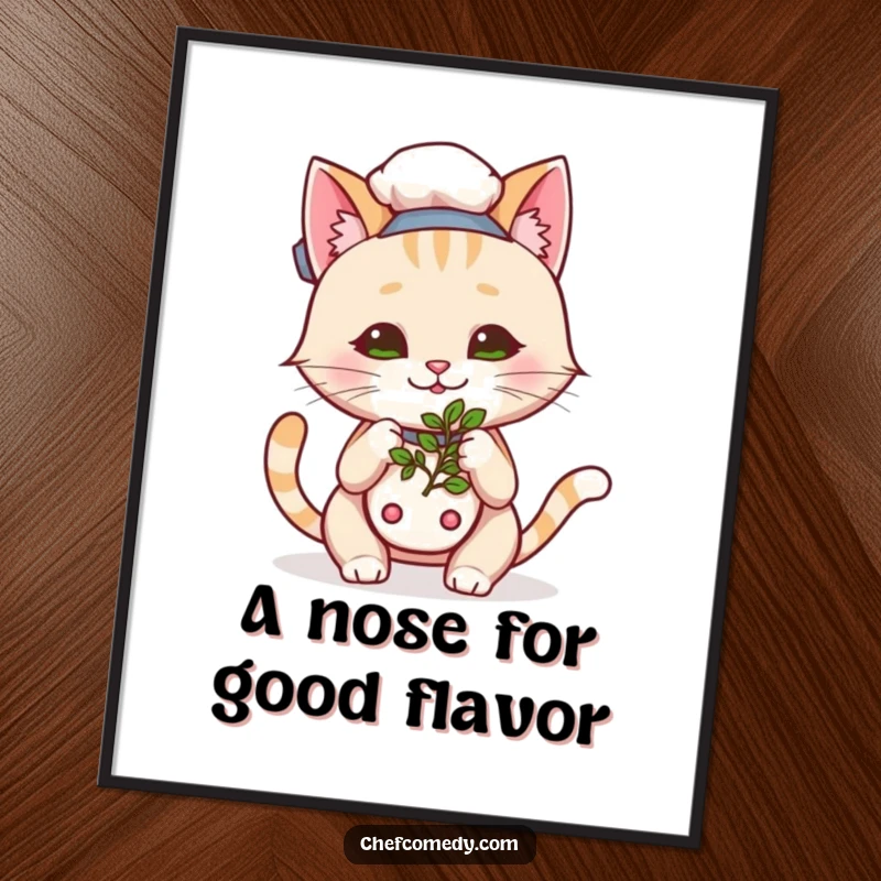 Funny free printable wall art: Kawaii cat chef with a happy expression curiously sniffing a fragrant herb, perfect for a culinary space.