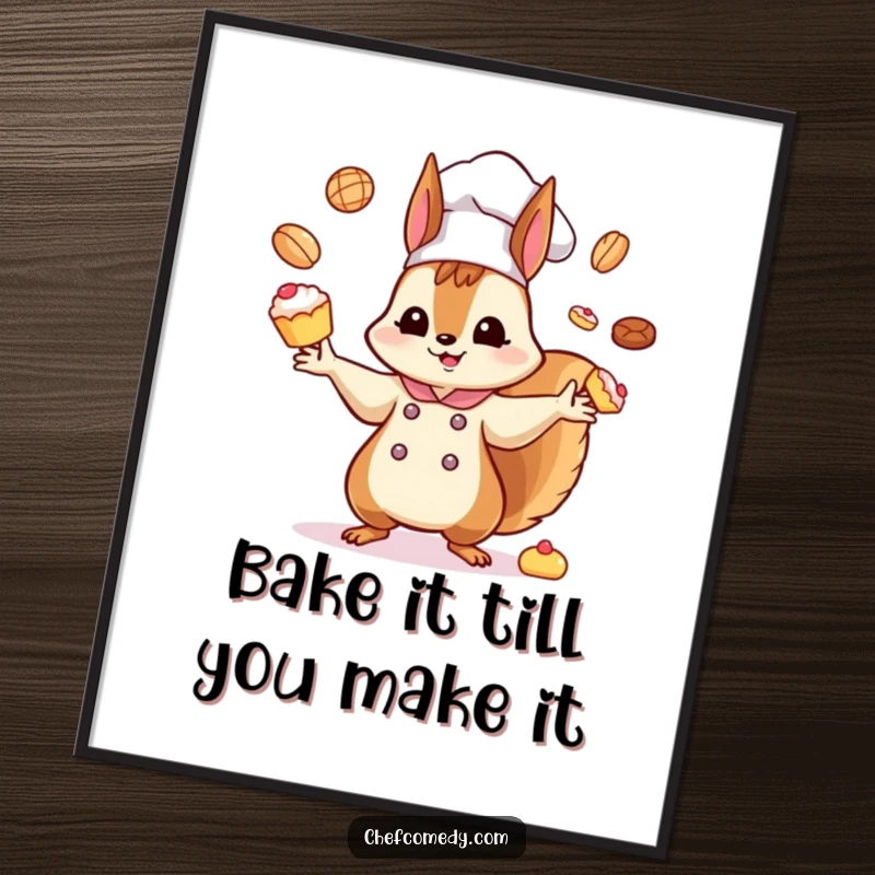 Funny free printable wall art: A kawaii squirrel chef in a chef hat, energetically juggling a tower of colorful tiny pastries.