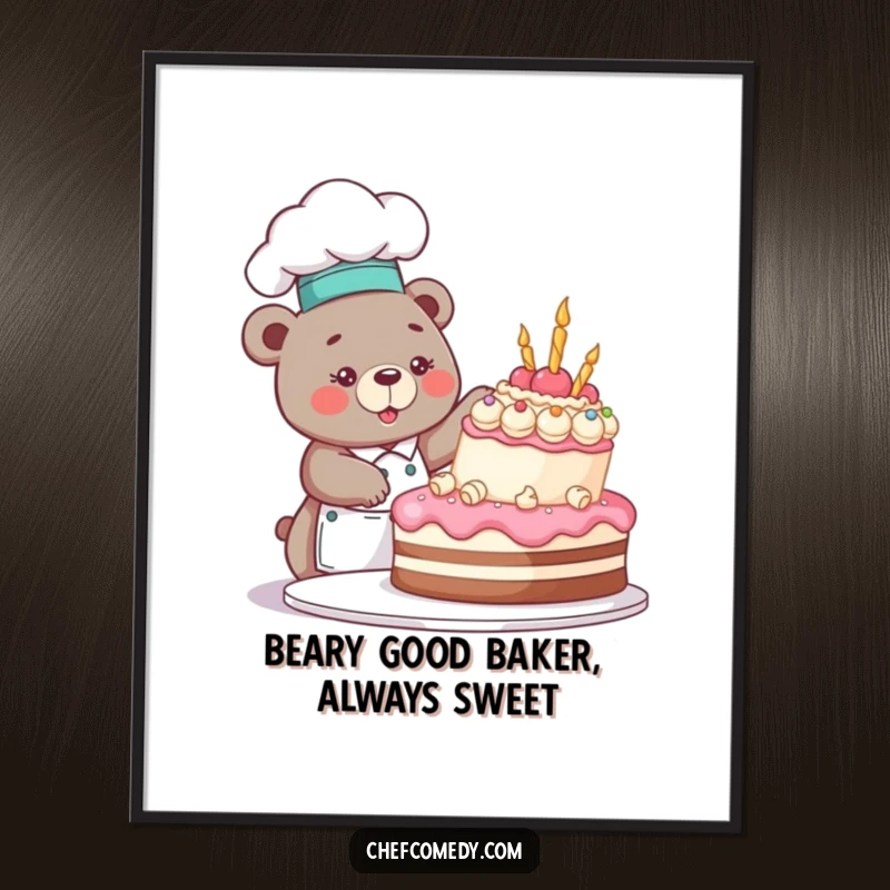 Funny Free Printable Wall Art: A cheerful bear chef excitedly adds the final touches to a magnificent cake.