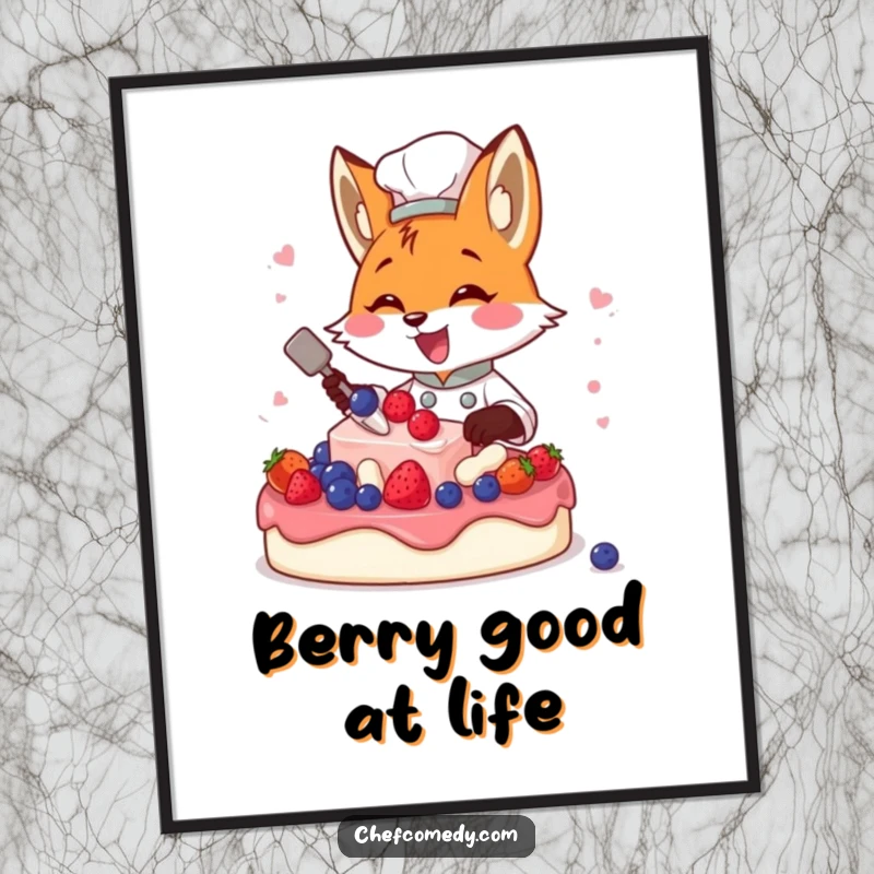 Funny Free Printable Wall Art: A whimsical fox chef artistically decorating a cake with vibrant berries.