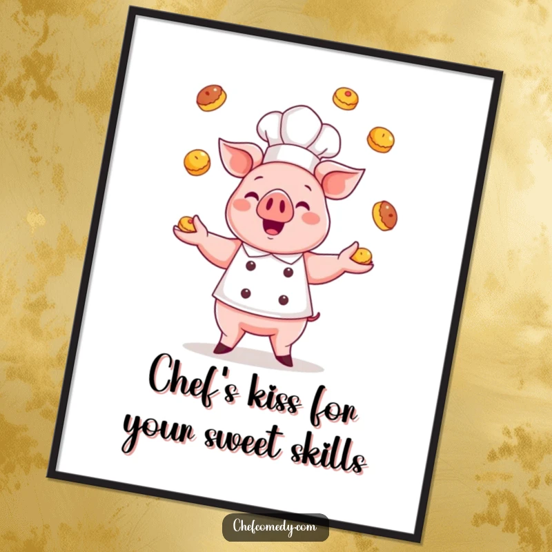 Funny Free Printable Wall Art: Kawaii pig chef gleefully juggling a stack of tiny, tempting pastries with precision and joy.